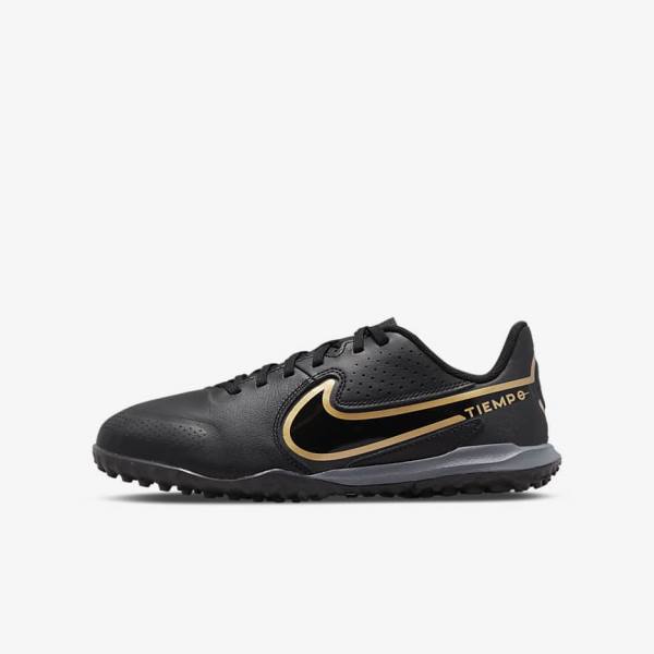 Nike Jr. Tiempo Legend 9 Academy TF Older Turf Kopačky Detske Čierne Tmavo Siva Metal Zlate Čierne | NK719EQR